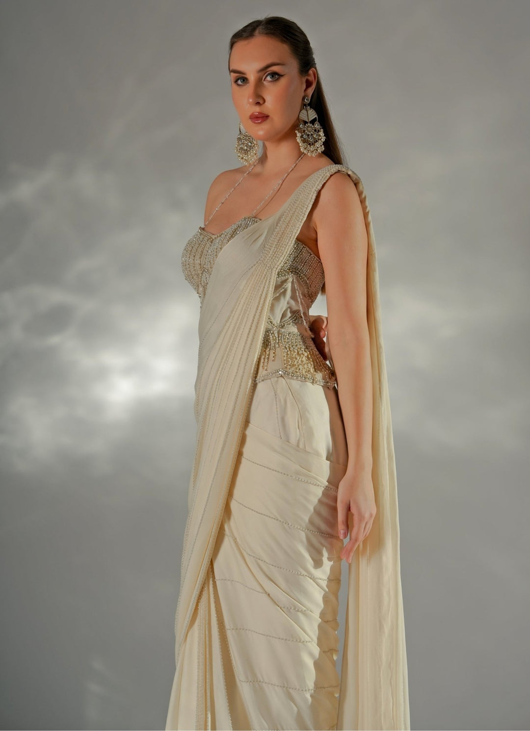 Ivory Crepe Pre - Draped Saree With Corset Jade by Ashima - Fabilicious Fashion