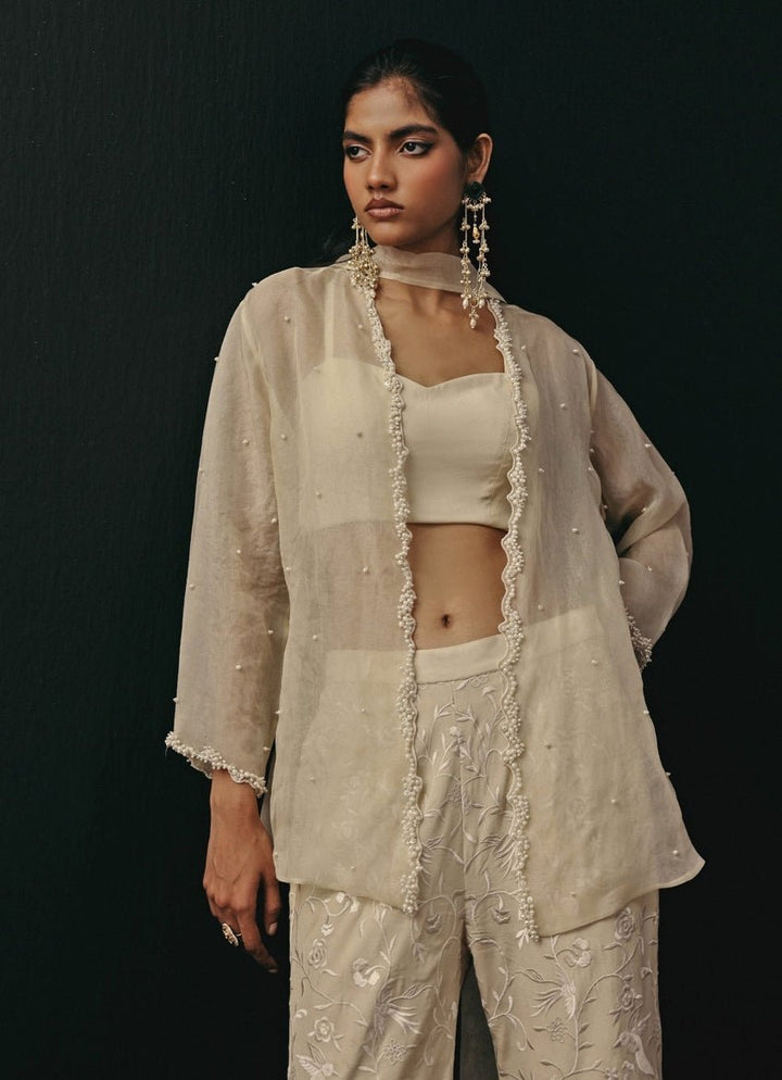 Ivory Crepe Silk Palazzo Set With Jacket Twenty Nine - Fabilicious Fashion