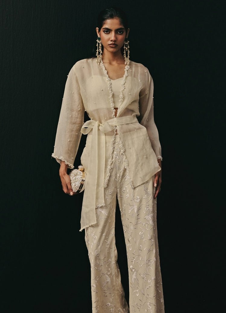 Ivory Crepe Silk Palazzo Set With Jacket Twenty Nine - Fabilicious Fashion