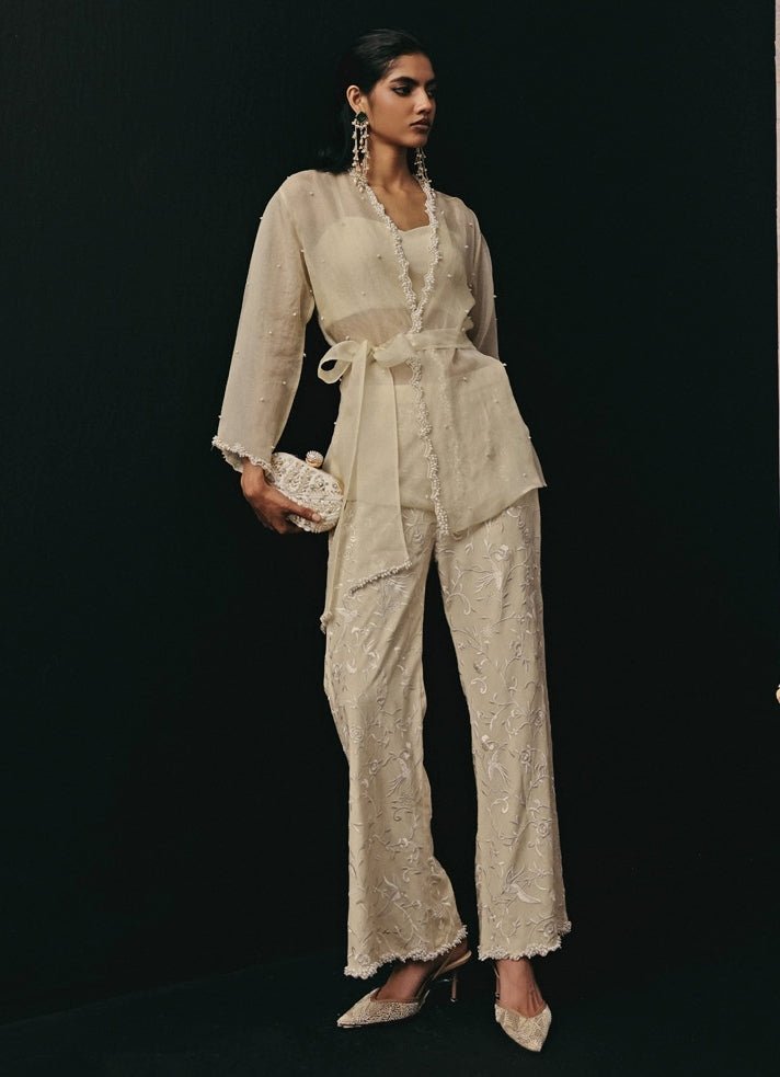 Ivory Crepe Silk Palazzo Set With Jacket Twenty Nine - Fabilicious Fashion