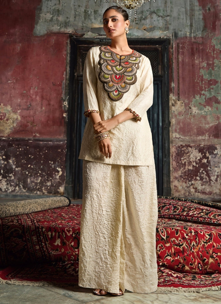 Prisho Ivory Crushed Silk Kurta Skirt SetFabilicious Fashion