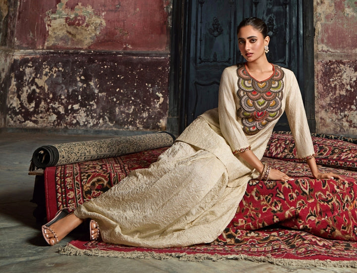 Prisho Ivory Crushed Silk Kurta Skirt SetFabilicious Fashion