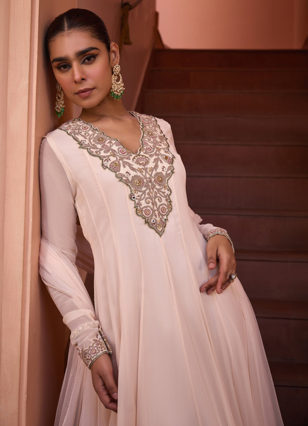 Ivory Embellished Georgette Anarkali Gown Isha Gupta Tayal - Fabilicious Fashion