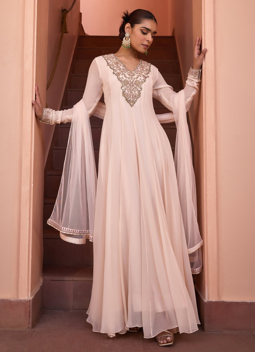 Ivory Embellished Georgette Anarkali Gown Isha Gupta Tayal - Fabilicious Fashion