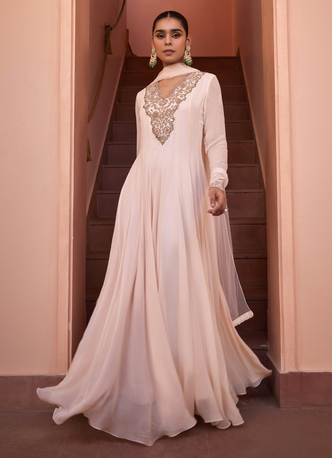 Ivory Embellished Georgette Anarkali Gown Isha Gupta Tayal - Fabilicious Fashion