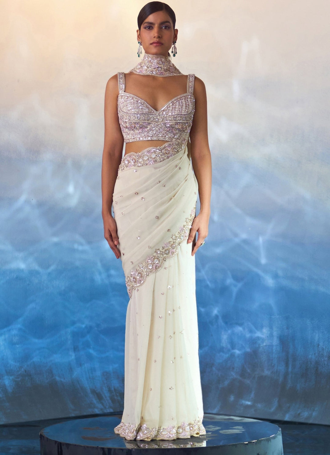 Ivory Embellished Georgette Saree Angad Singh - Fabilicious Fashion