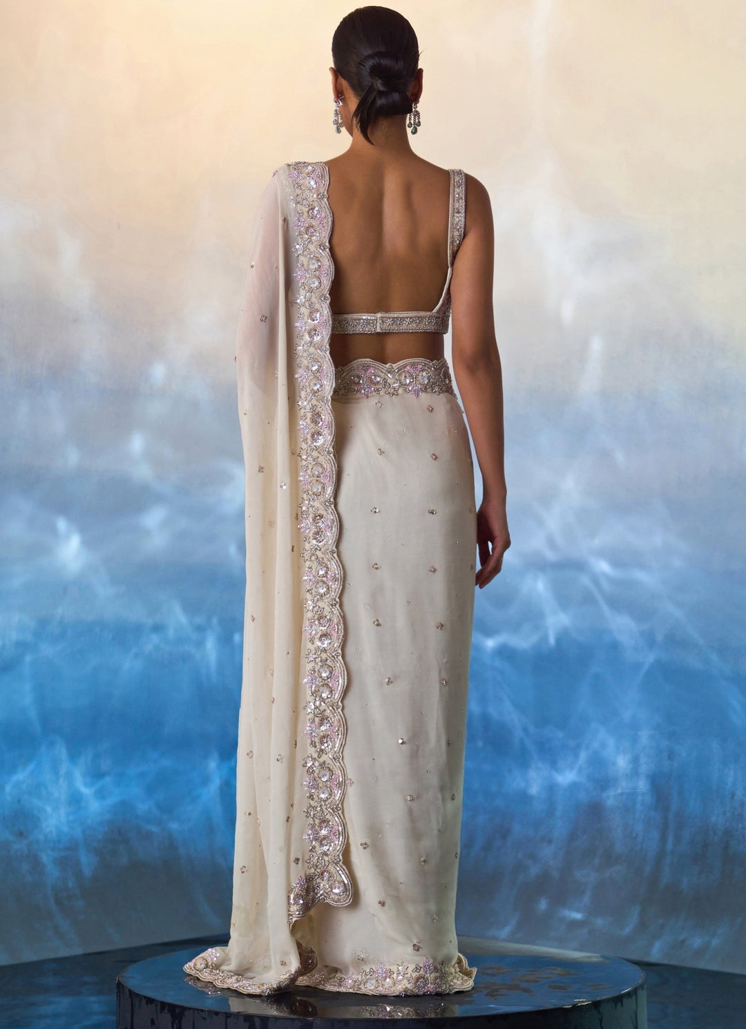 Ivory Embellished Georgette Saree Angad Singh - Fabilicious Fashion