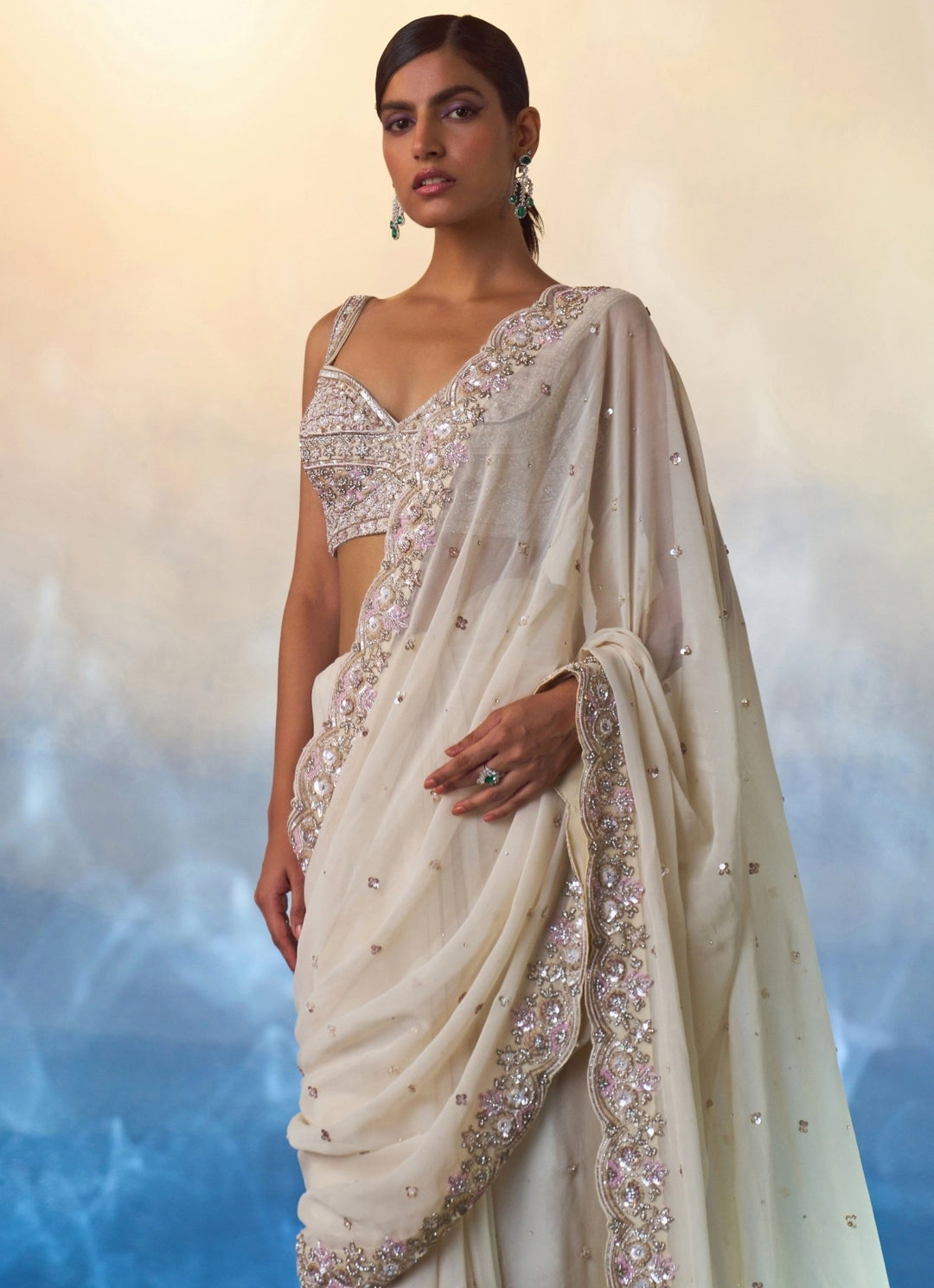 Ivory Embellished Georgette Saree Angad Singh - Fabilicious Fashion
