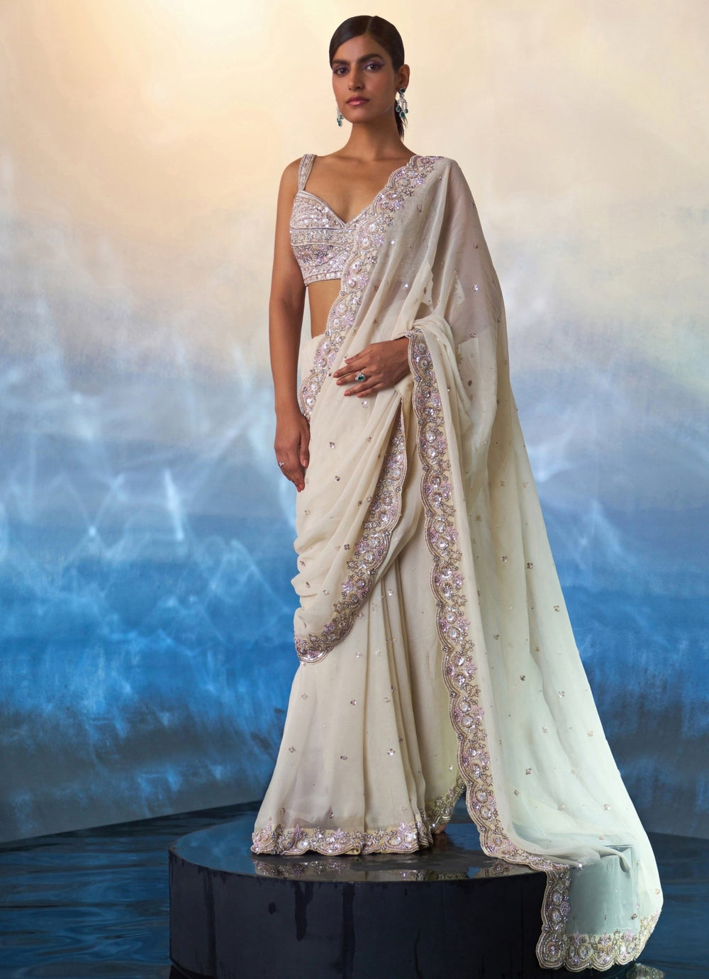 Ivory Embellished Georgette Saree Angad Singh - Fabilicious Fashion