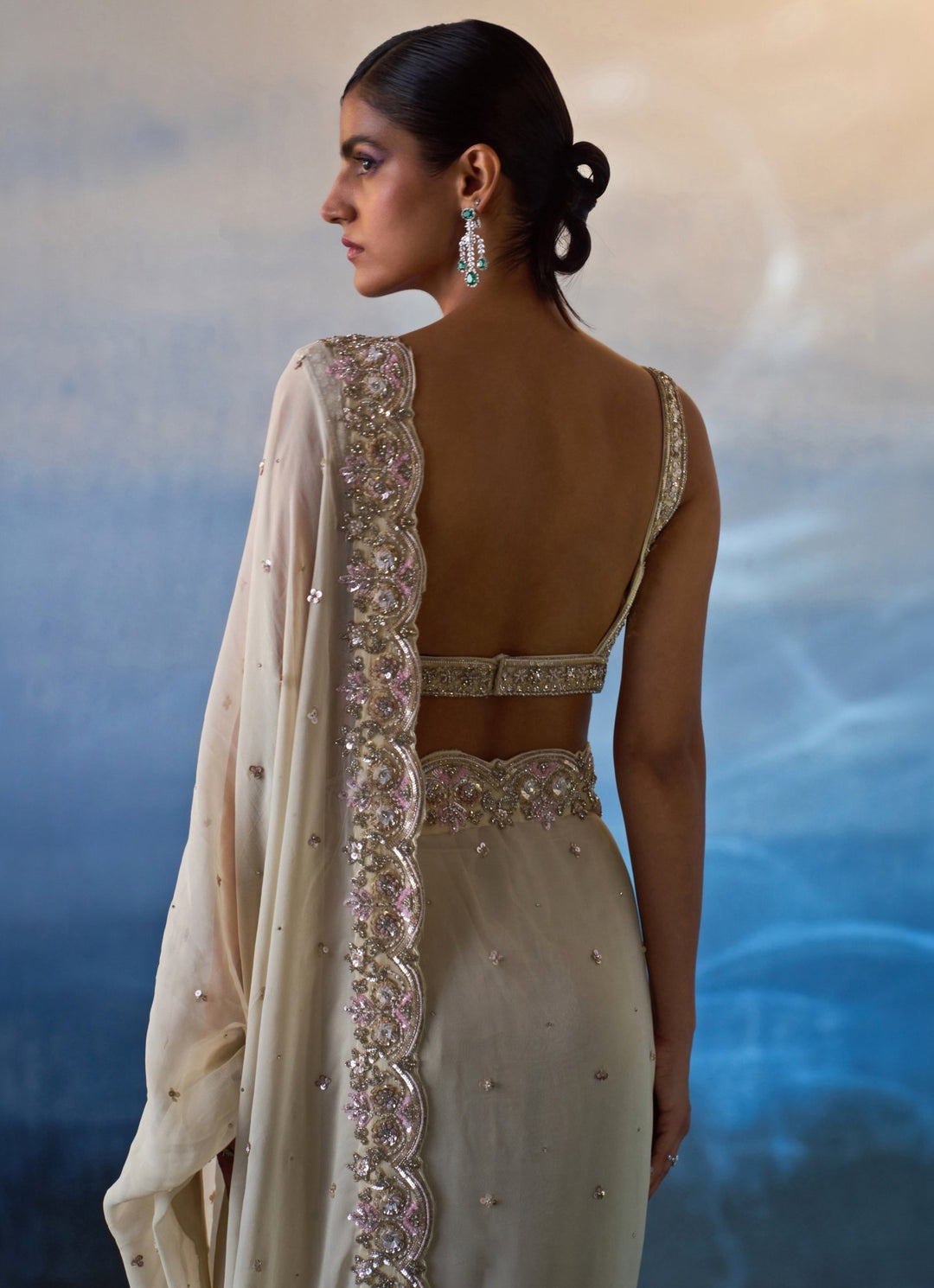 Ivory Embellished Georgette Saree Angad Singh - Fabilicious Fashion