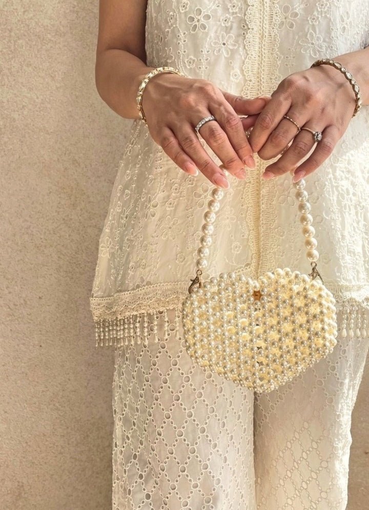 Ivory Embellished Pearl Heart Bag AMYRA - Fabilicious Fashion
