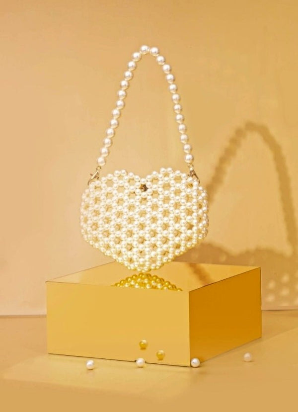 Ivory Embellished Pearl Heart Bag