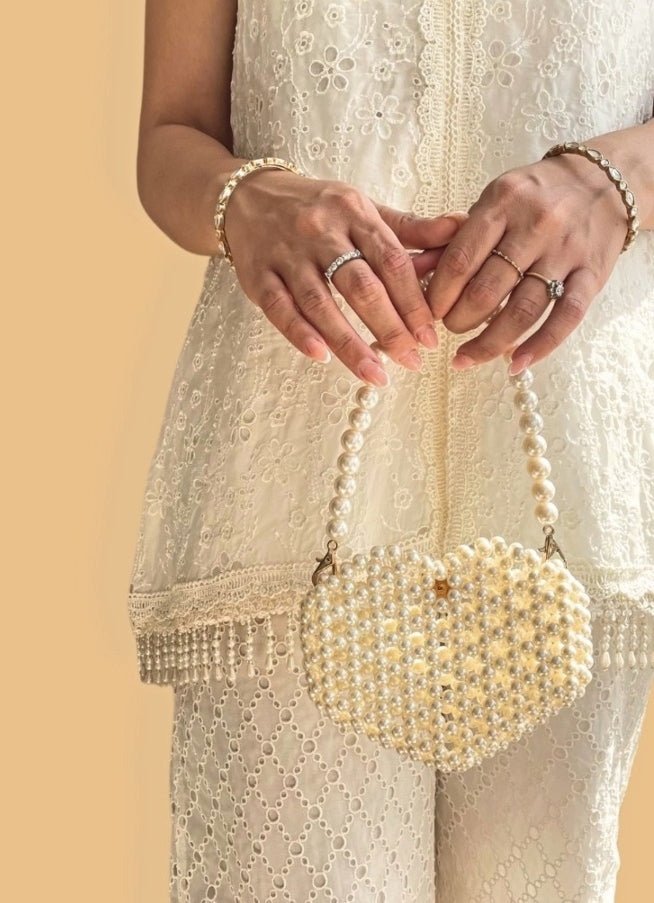 Ivory Embellished Pearl Heart Bag AMYRA - Fabilicious Fashion