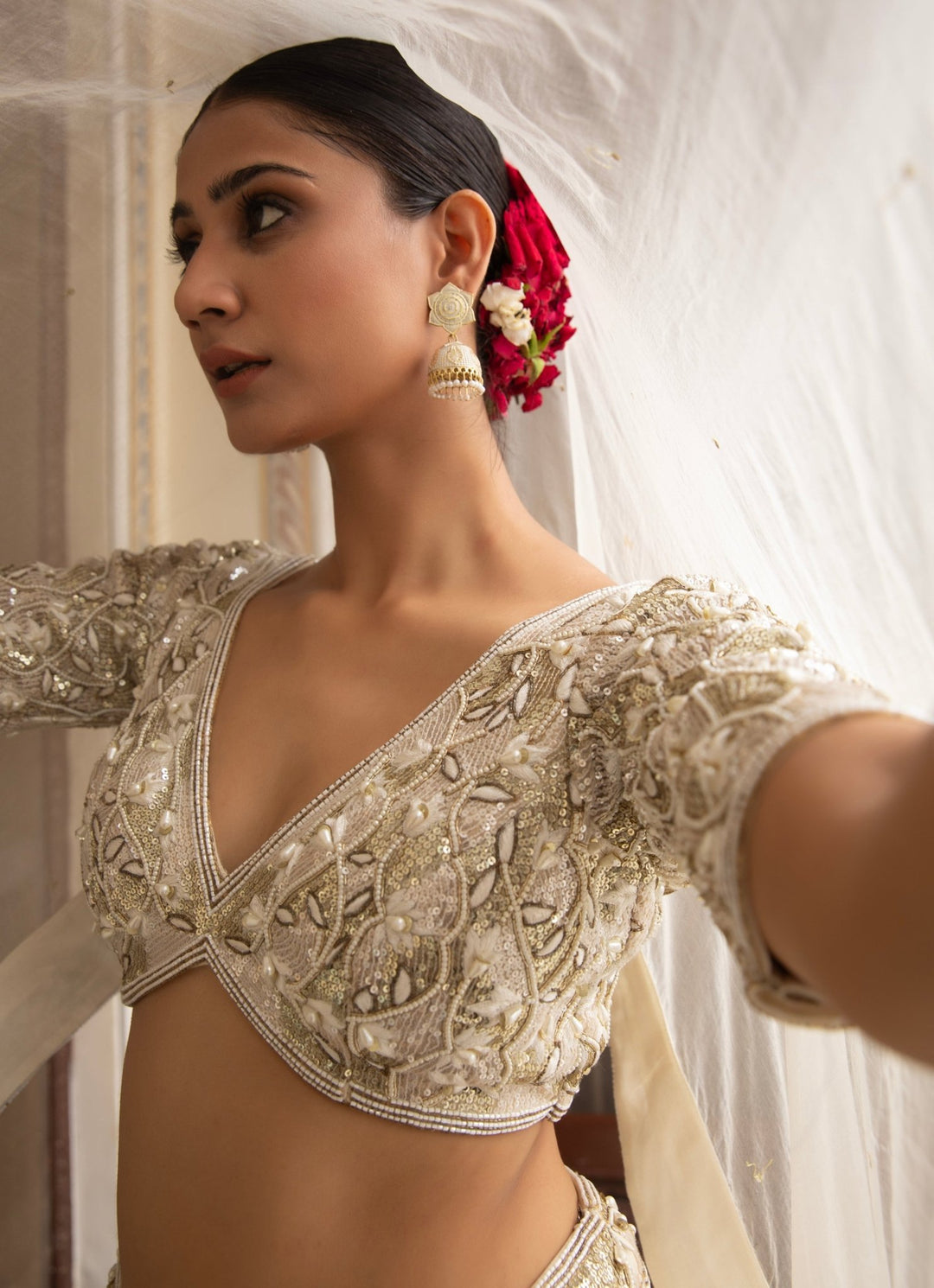 Ivory Embroidered Banarasi Organza Lehenga Set Neha Khullar - Fabilicious Fashion