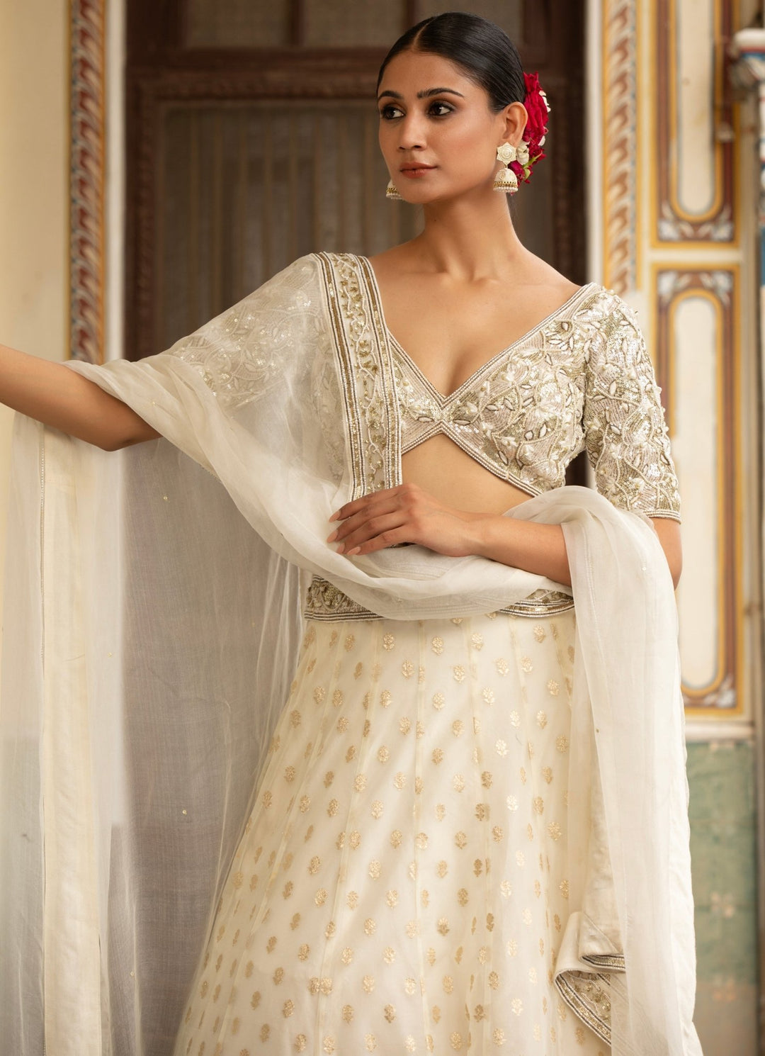 Ivory Embroidered Banarasi Organza Lehenga Set Neha Khullar - Fabilicious Fashion