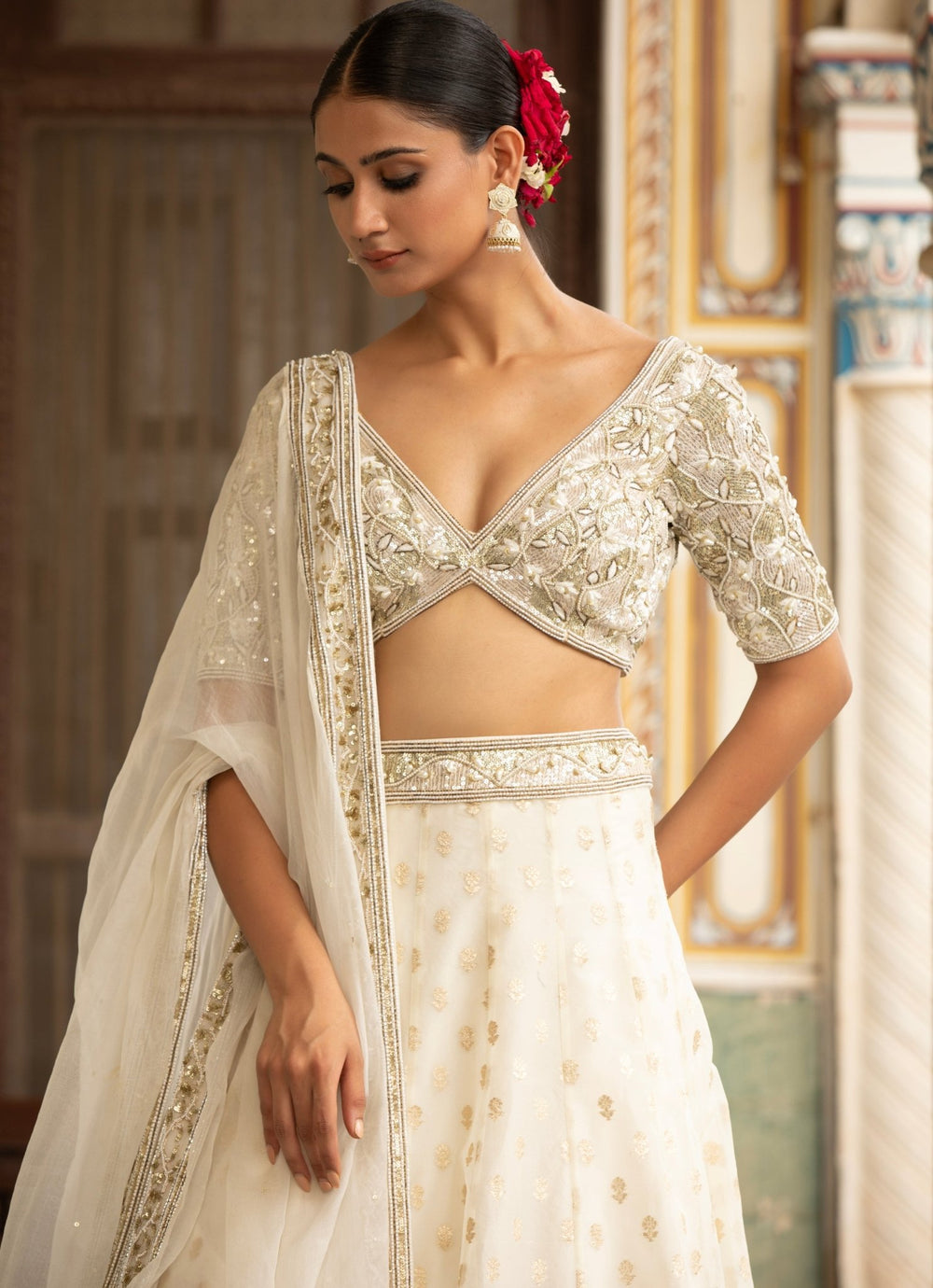 Ivory Embroidered Banarasi Organza Lehenga Set Neha Khullar - Fabilicious Fashion