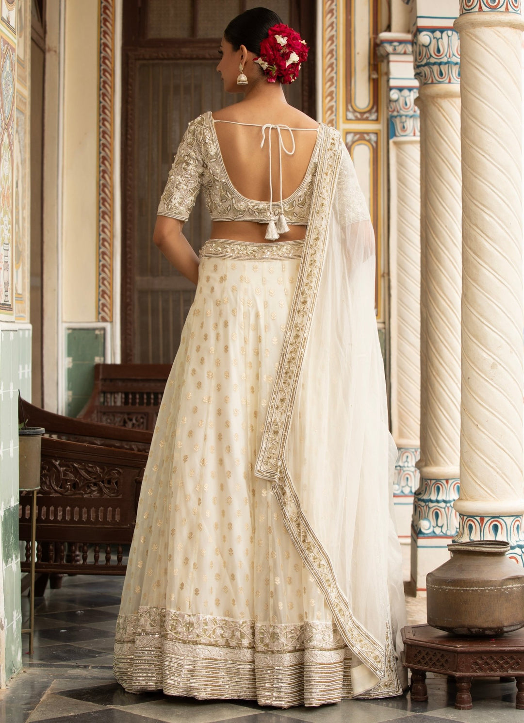Ivory Embroidered Banarasi Organza Lehenga Set Neha Khullar - Fabilicious Fashion