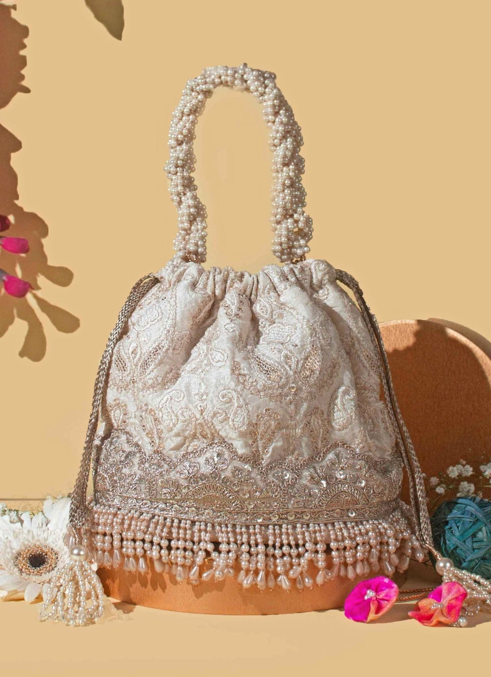 Ivory Embroidered Bucket Bag AMYRA - Fabilicious Fashion