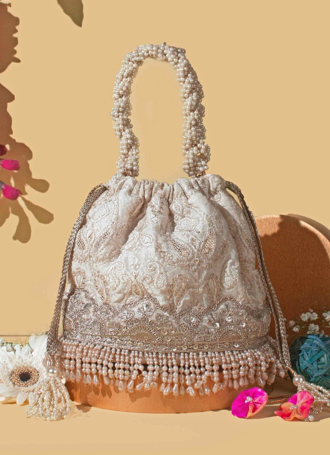 Ivory Embroidered Bucket Bag AMYRA - Fabilicious Fashion