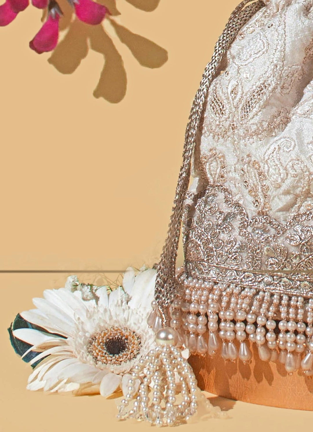 Ivory Embroidered Bucket Bag AMYRA - Fabilicious Fashion