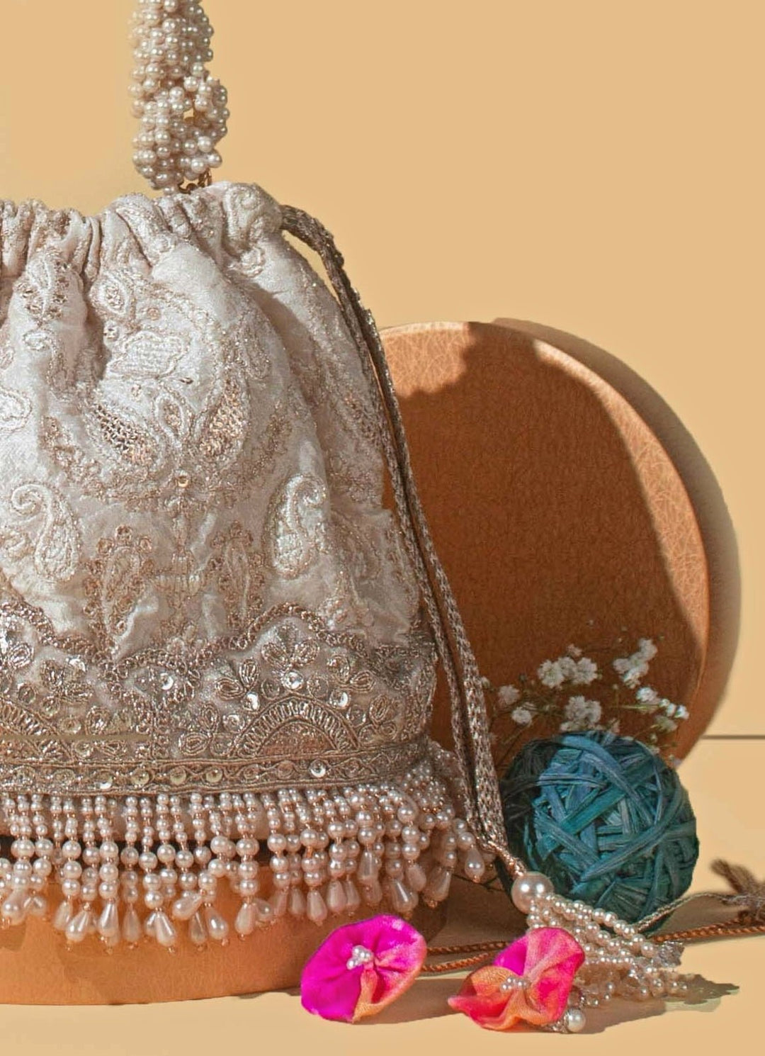 Ivory Embroidered Bucket Bag AMYRA - Fabilicious Fashion