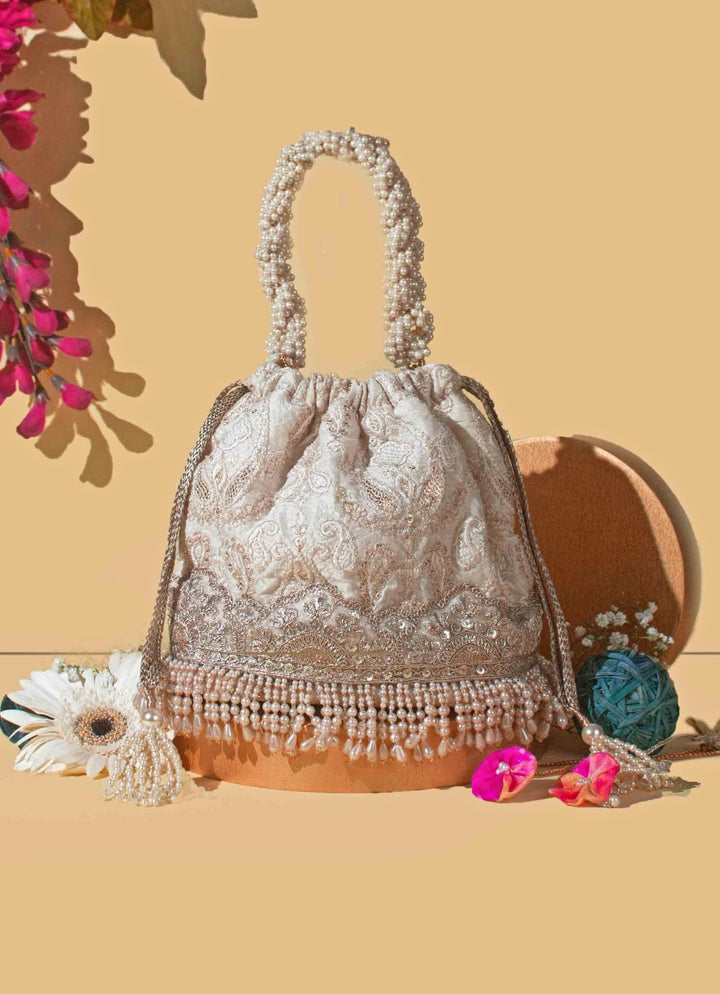 Ivory Embroidered Bucket Bag AMYRA - Fabilicious Fashion
