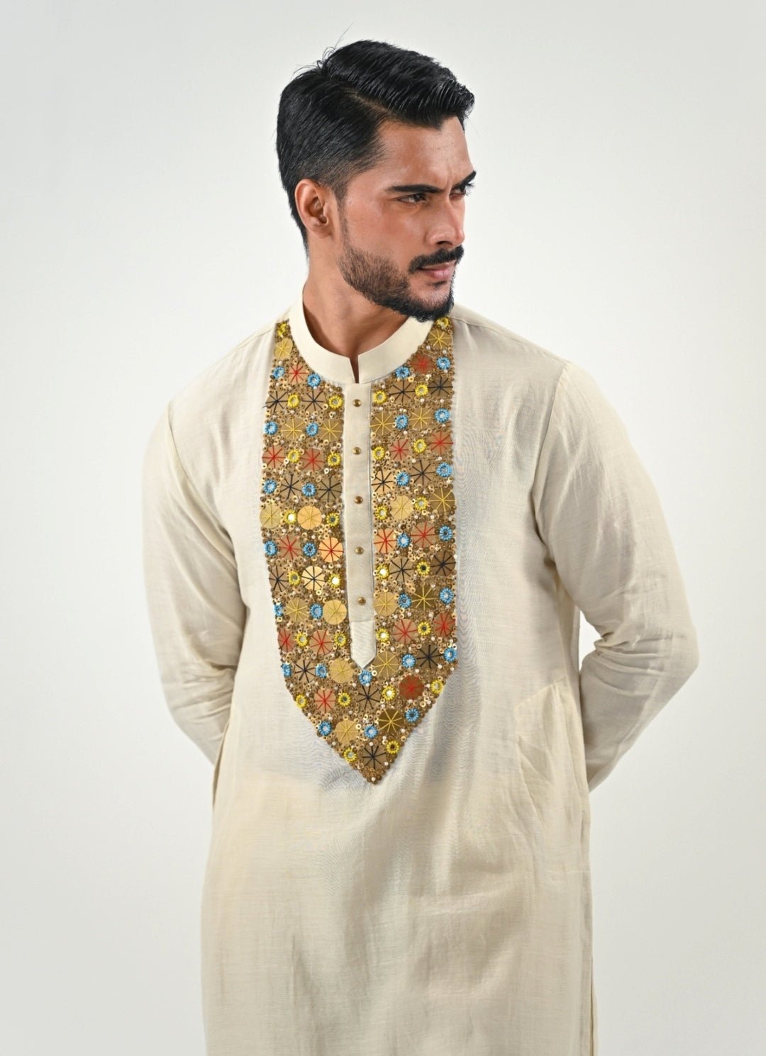 Ivory Embroidered Chanderi Kurta Set Juhi Bengani - Men - Fabilicious Fashion
