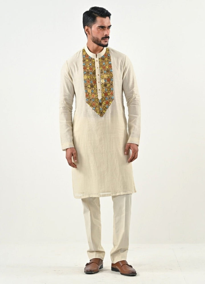 Ivory Embroidered Chanderi Kurta Set Juhi Bengani - Men - Fabilicious Fashion