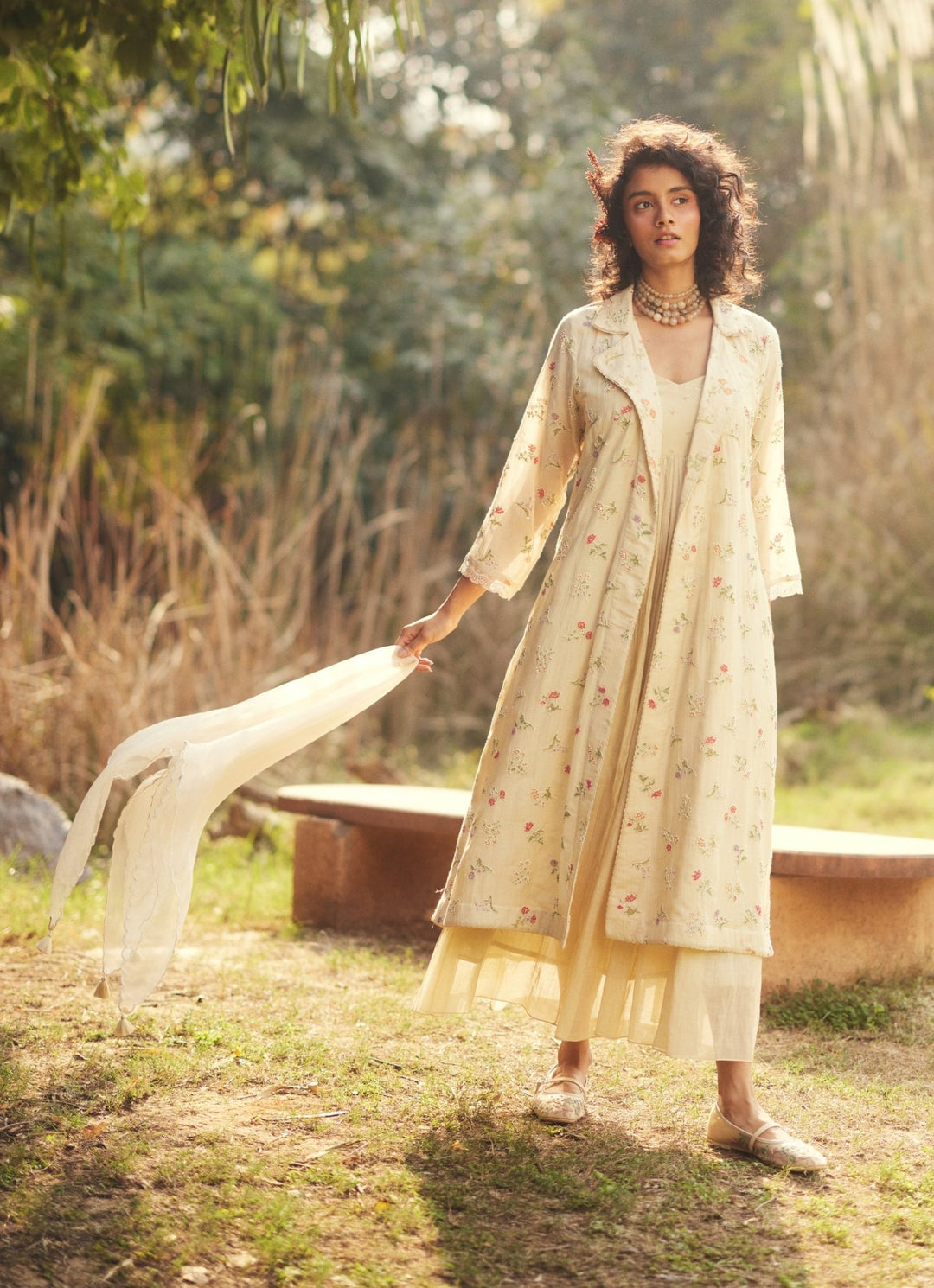 Ivory Embroidered Chanderi Kurta With Jacket Paulmi and Harsh - Fabilicious Fashion