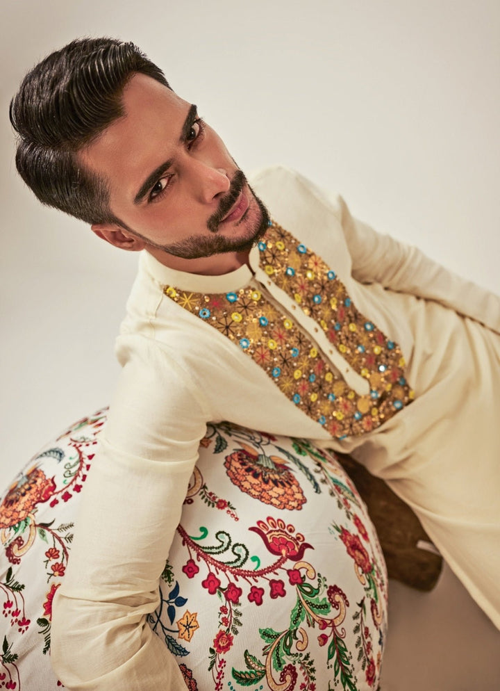 Ivory Embroidered Chanderi Kurta Juhi Bengani - Men - Fabilicious Fashion