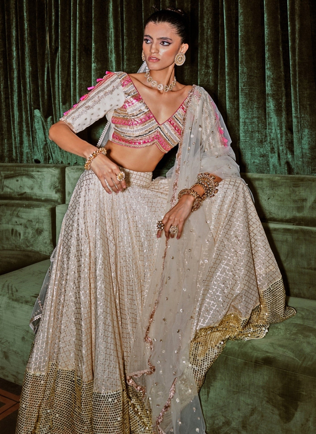 Rishi and Vibhuti Ivory Embroidered Chanderi Lehenga SetFabilicious Fashion