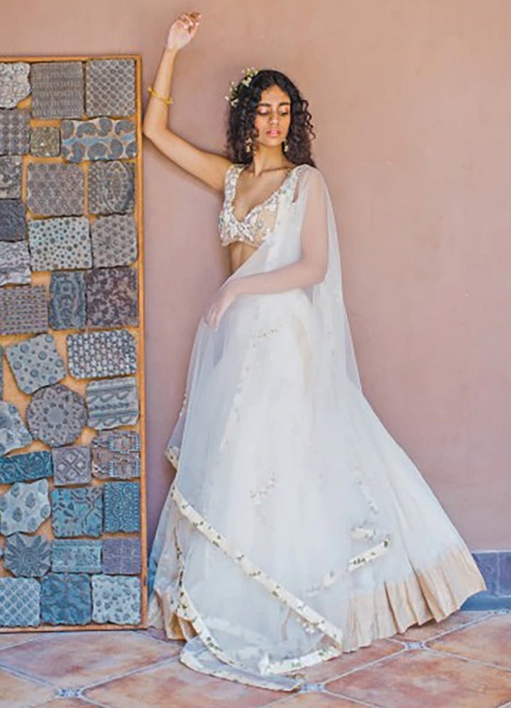The Little Black Bow Ivory Embroidered Chanderi Lehenga SetFabilicious Fashion