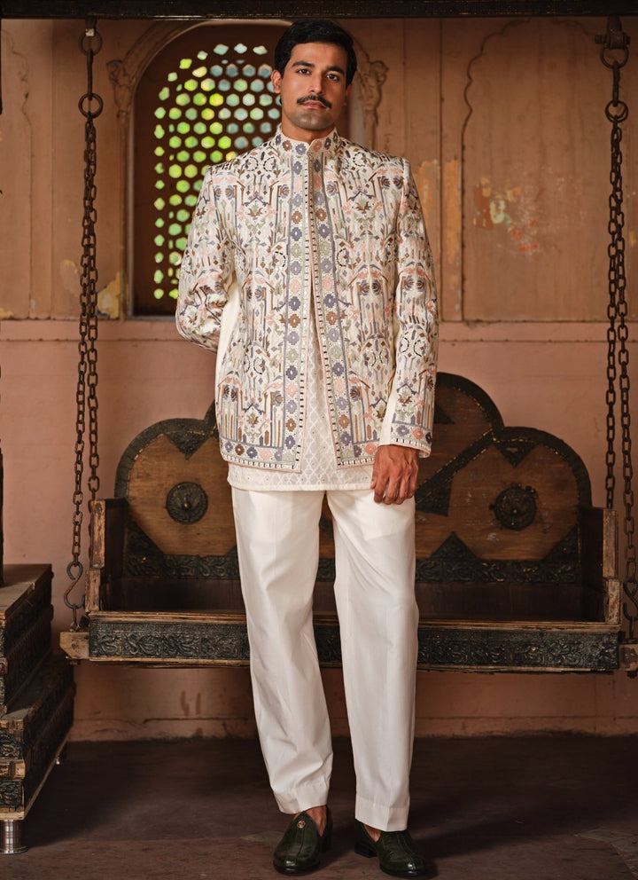 Darzi House Ivory Embroidered Chanderi Silk Jacket SetFabilicious Fashion