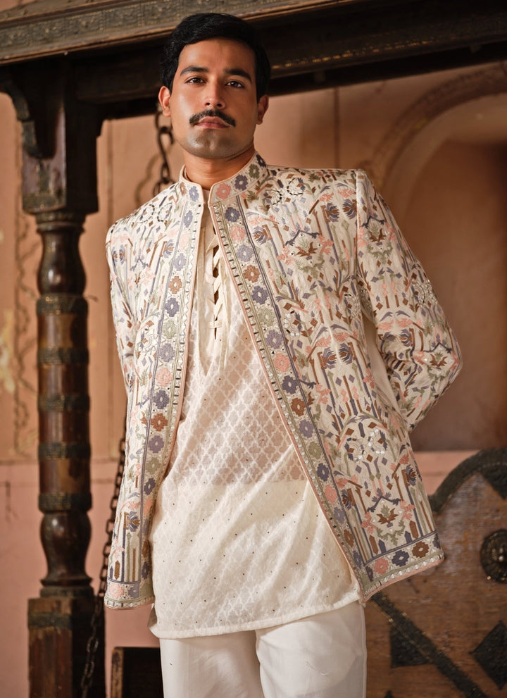 Darzi House Ivory Embroidered Chanderi Silk Jacket SetFabilicious Fashion