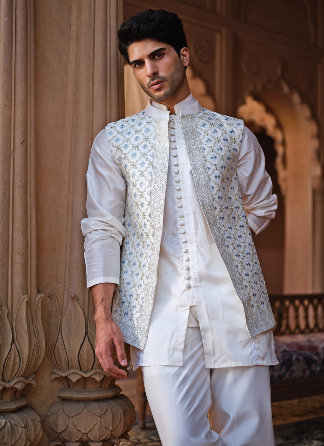 Darzi House Ivory Embroidered Chanderi Silk Nehru Jacket SetFabilicious Fashion