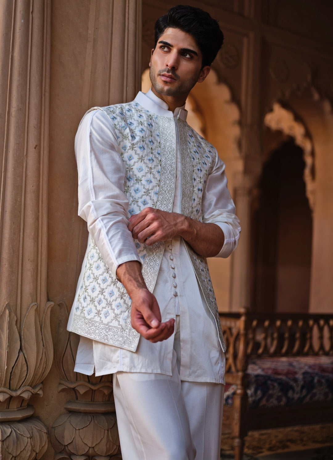 Darzi House Ivory Embroidered Chanderi Silk Nehru Jacket SetFabilicious Fashion