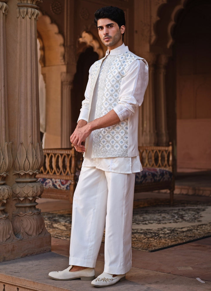 Darzi House Ivory Embroidered Chanderi Silk Nehru Jacket SetFabilicious Fashion