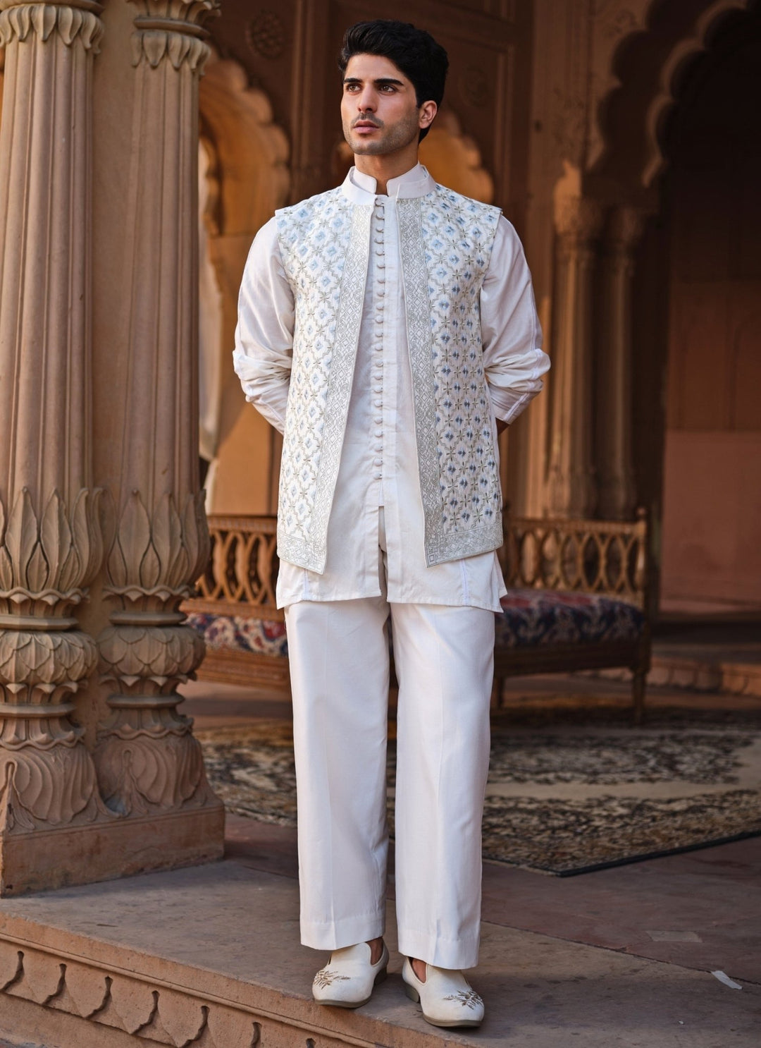 Darzi House Ivory Embroidered Chanderi Silk Nehru Jacket SetFabilicious Fashion