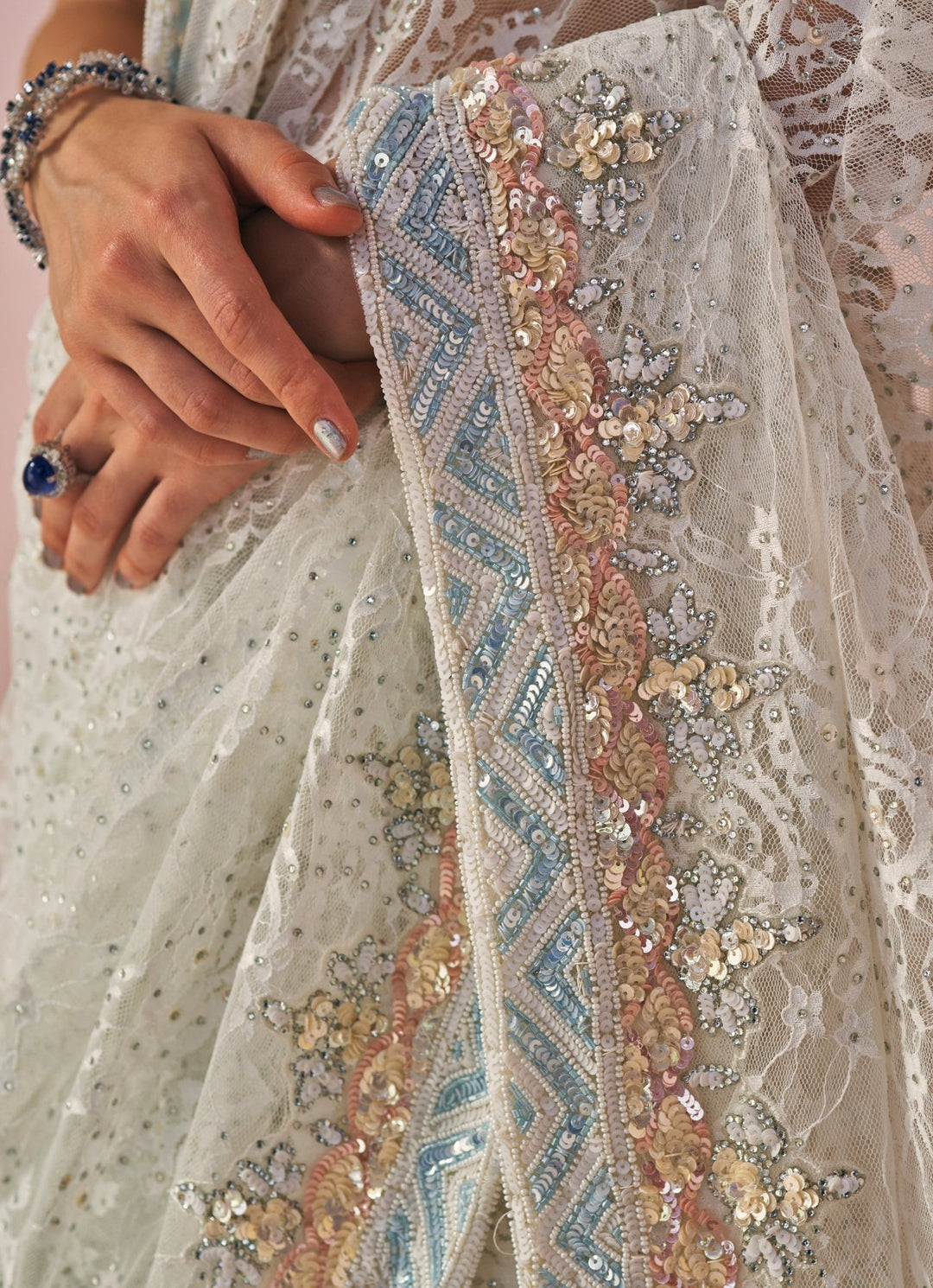 Ivory Embroidered Chantilly Lace Saree Angad Singh - Fabilicious Fashion