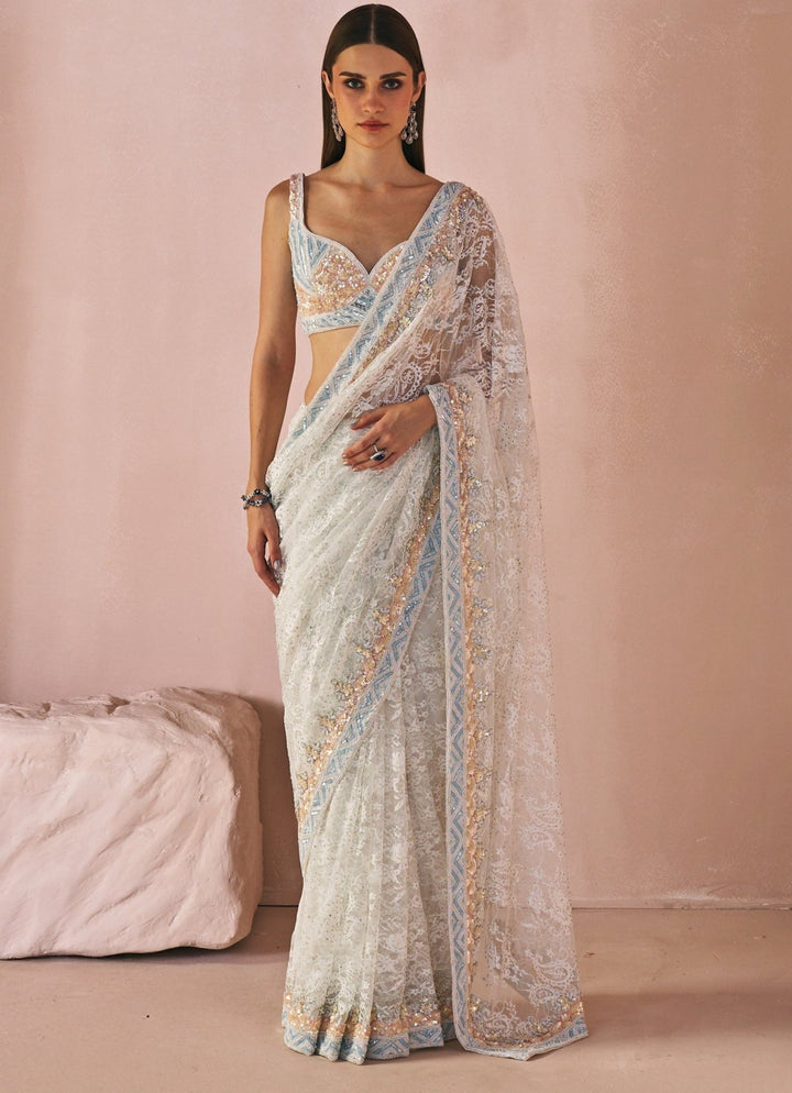 Ivory Embroidered Chantilly Lace Saree Angad Singh - Fabilicious Fashion
