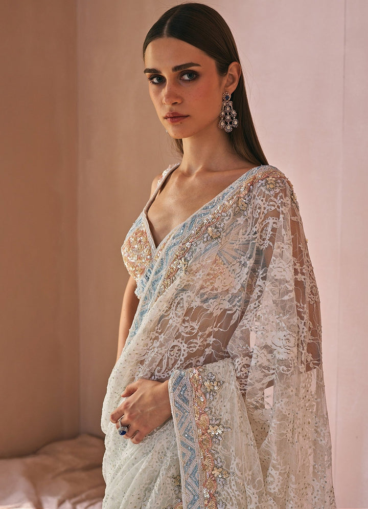 Ivory Embroidered Chantilly Lace Saree Angad Singh - Fabilicious Fashion