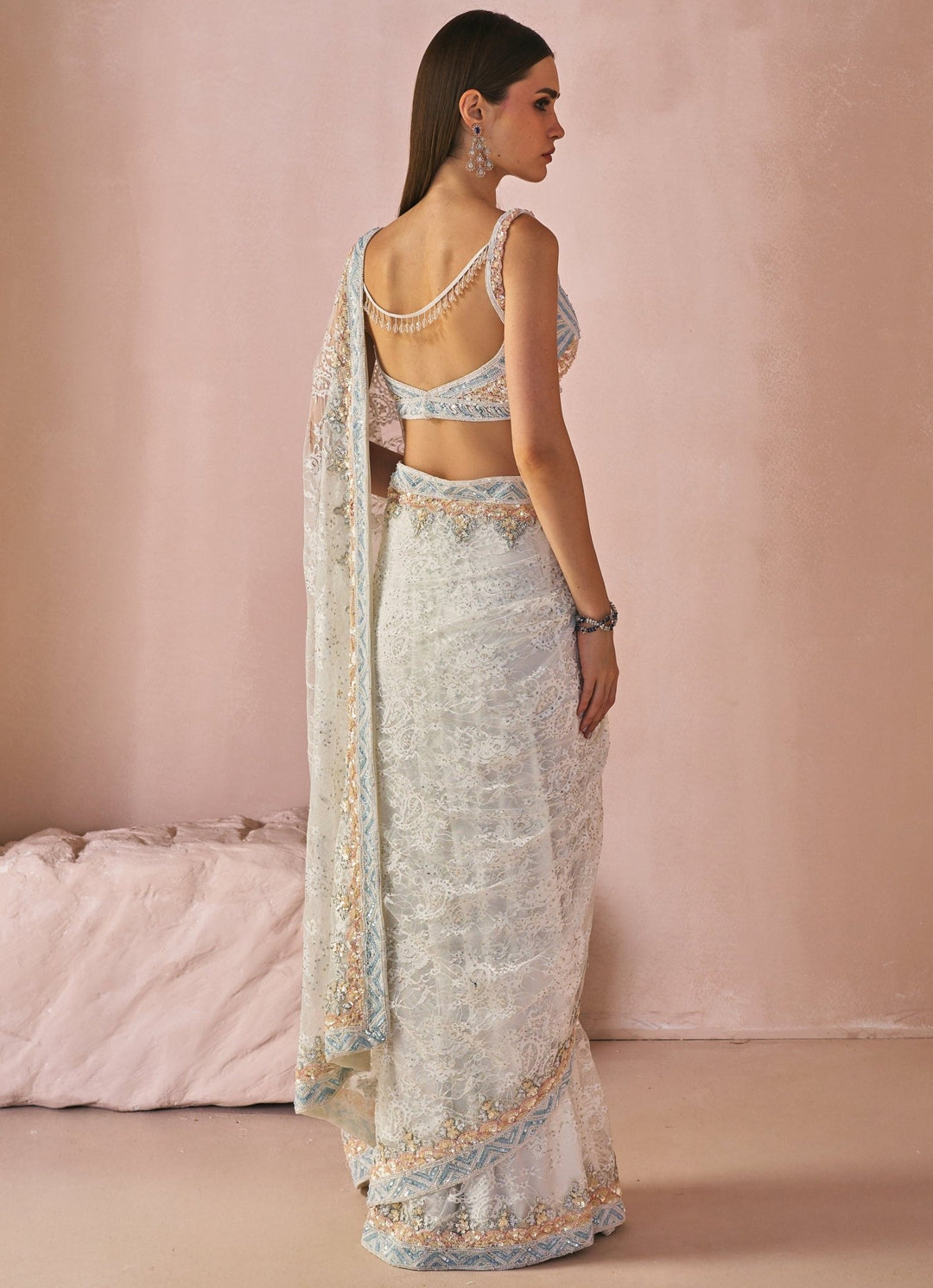 Ivory Embroidered Chantilly Lace Saree Angad Singh - Fabilicious Fashion