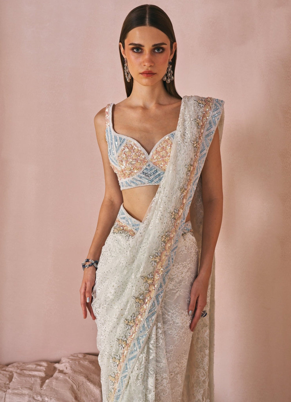 Ivory Embroidered Chantilly Lace Saree Angad Singh - Fabilicious Fashion