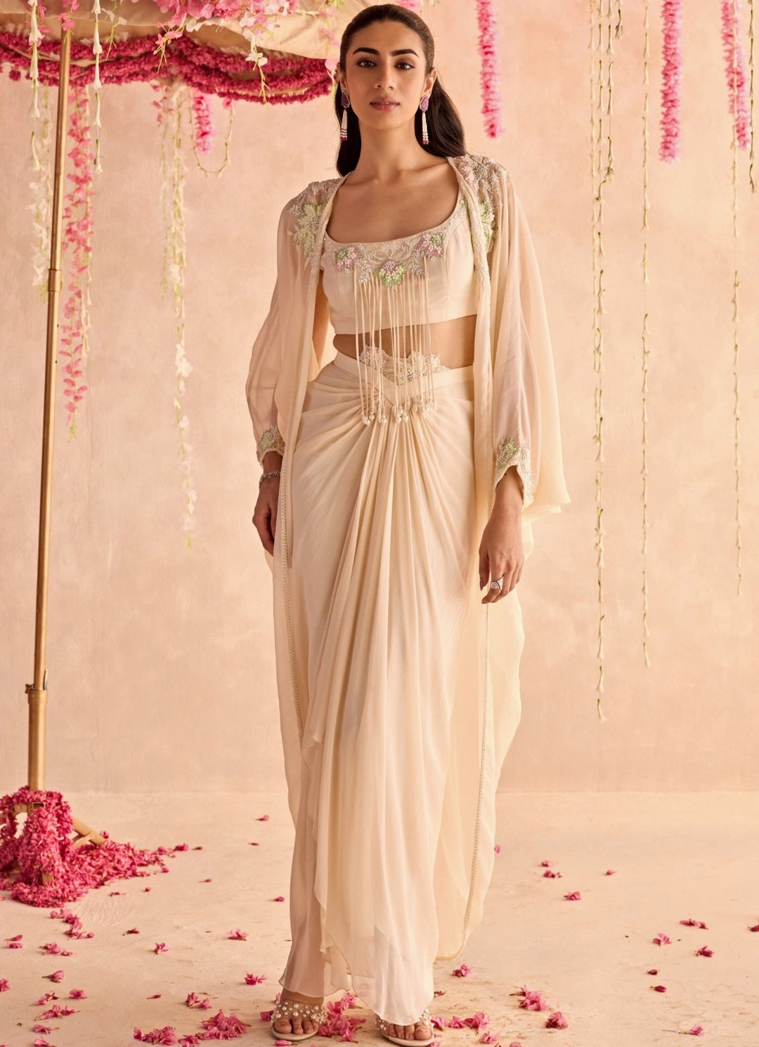 Ivory Embroidered Drape Skirt Set With Cape Seema Thukral - Fabilicious Fashion