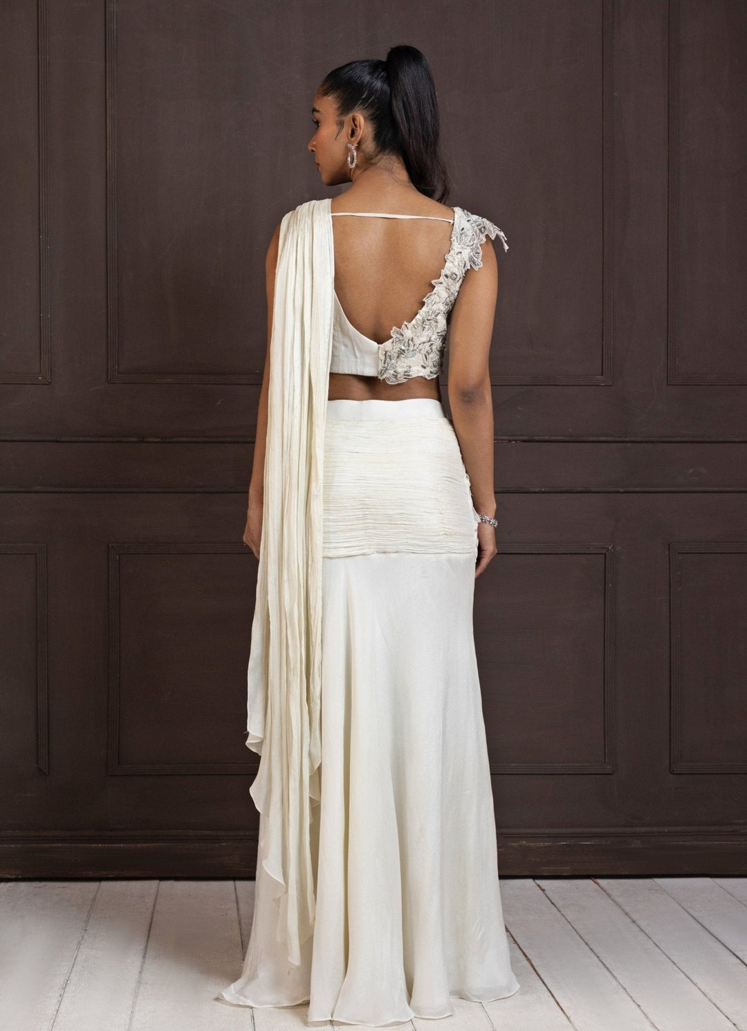 Ivory Embroidered Draped Crepe Slit Saree Smriti - Fabilicious Fashion