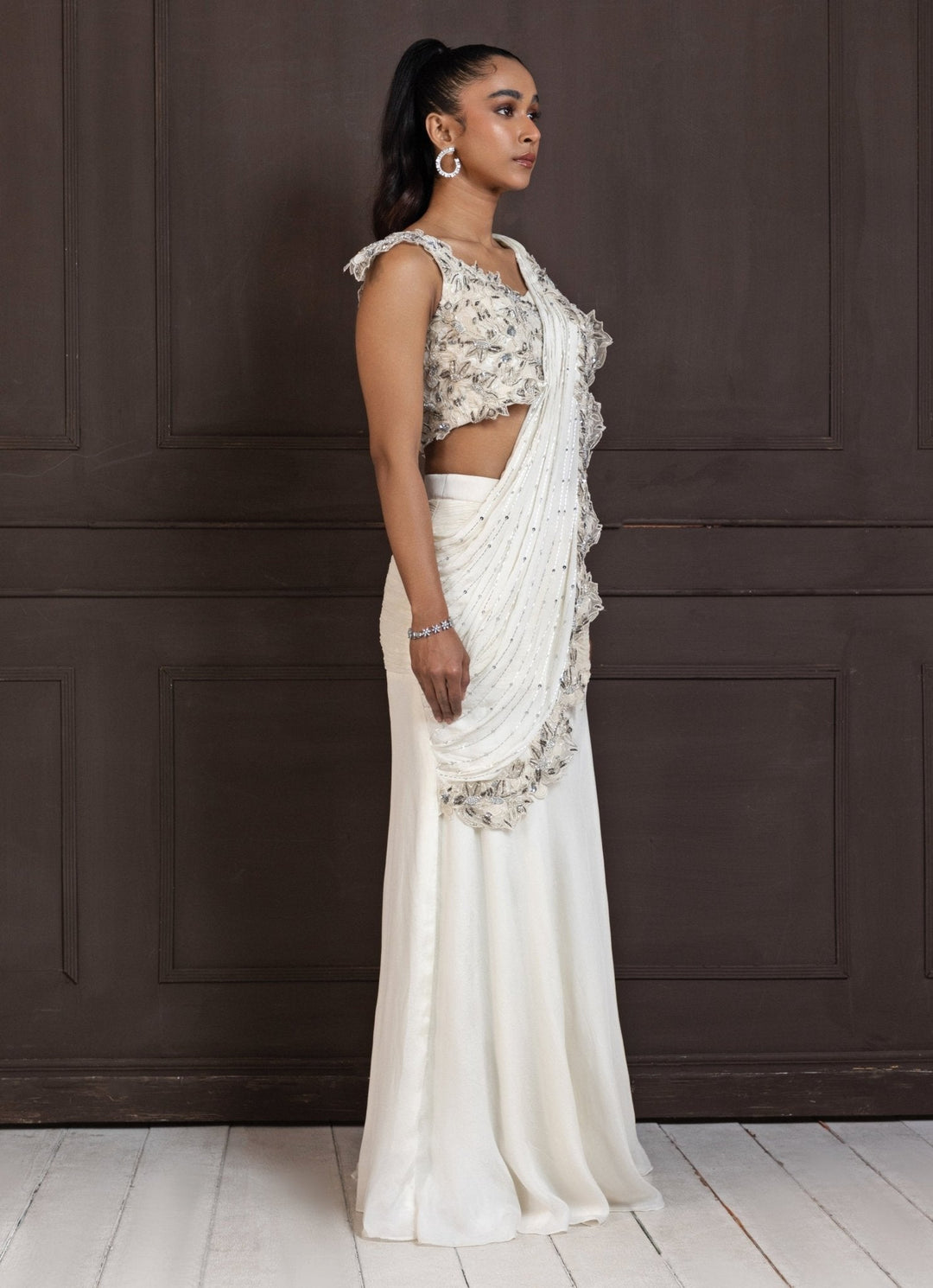 Ivory Embroidered Draped Crepe Slit Saree Smriti - Fabilicious Fashion