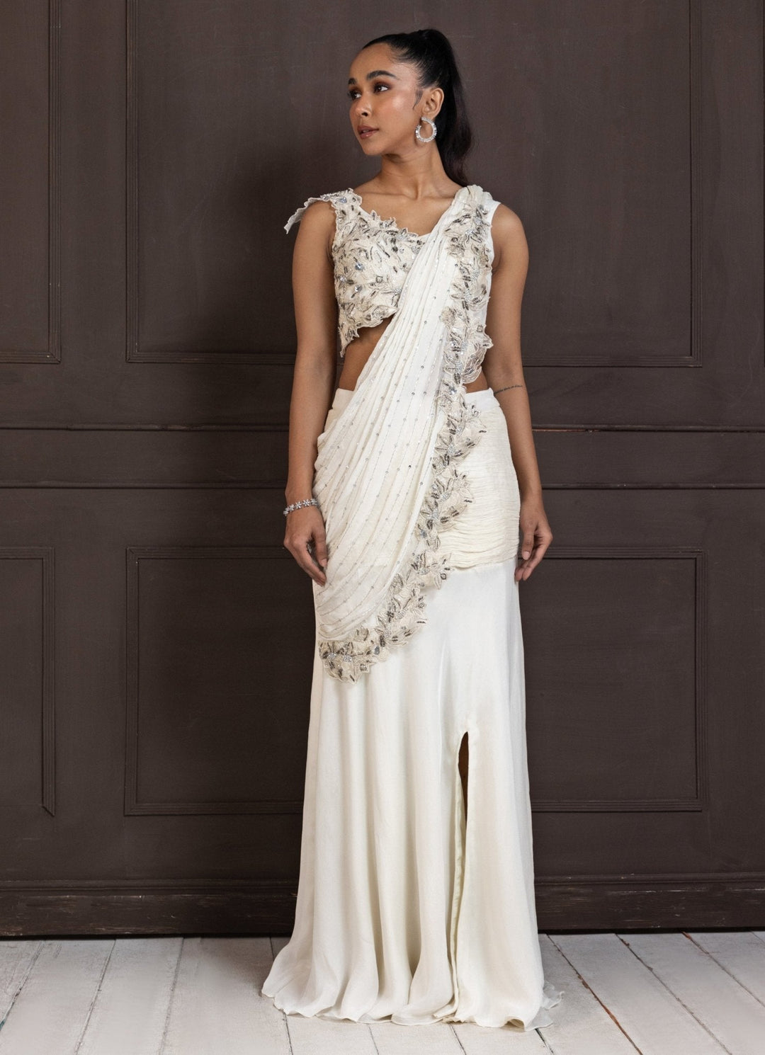 Ivory Embroidered Draped Crepe Slit Saree Smriti - Fabilicious Fashion