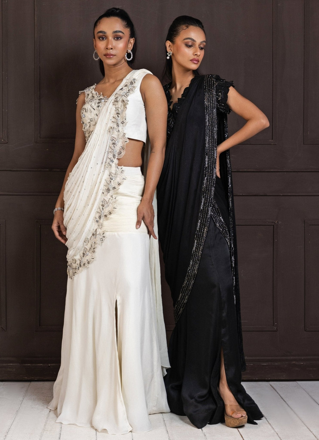 Ivory Embroidered Draped Crepe Slit Saree Smriti - Fabilicious Fashion