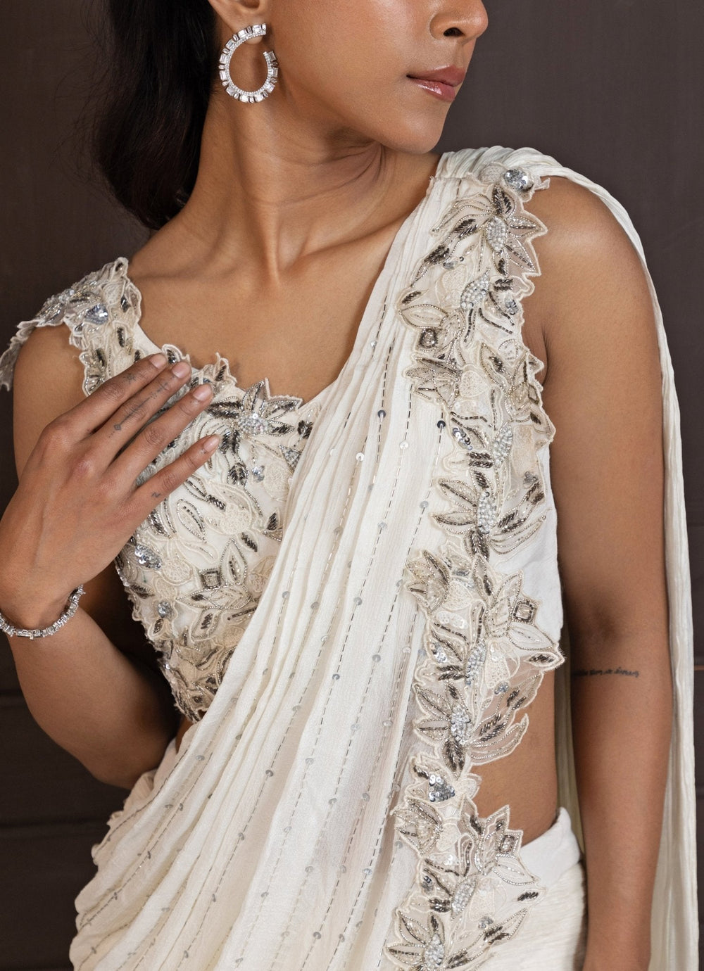 Ivory Embroidered Draped Crepe Slit Saree Smriti - Fabilicious Fashion