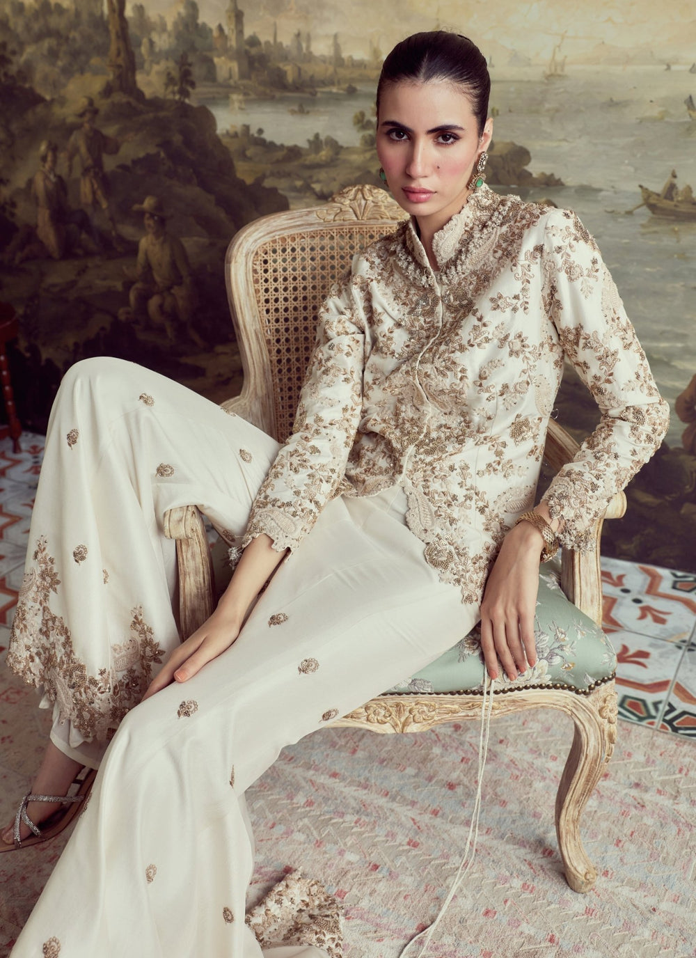 Prisho Ivory Embroidered Dupion Silk Jacket Sharara SetFabilicious Fashion